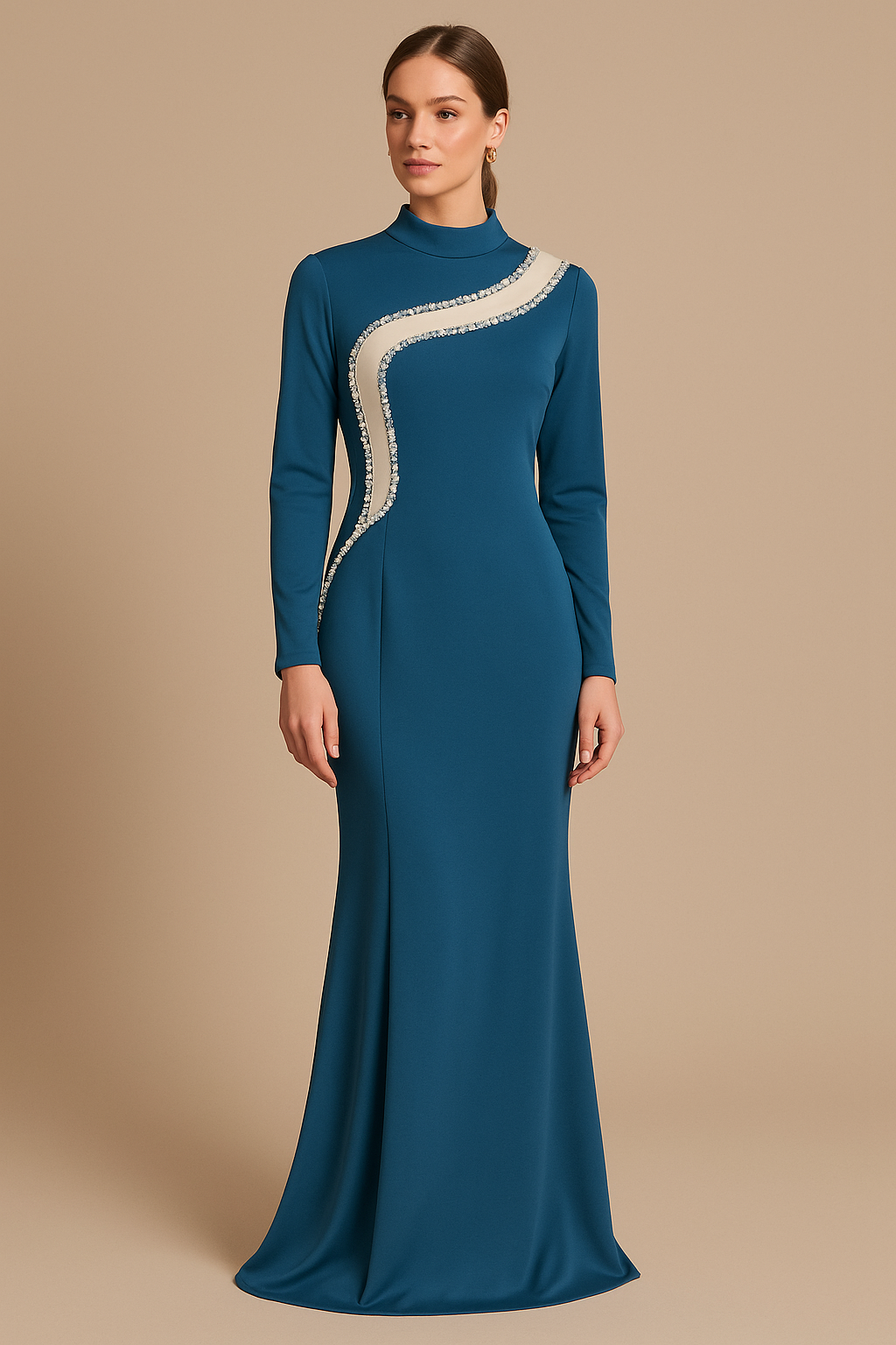 Elegant Teal Evening Gown with Crystal Wave Detailing