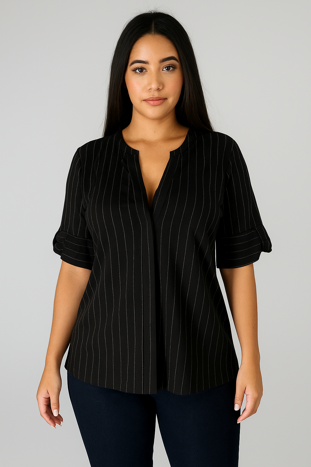 Black Pinstripe Half-Sleeve Blouse