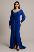 Royal Sapphire Asymmetric Crystal Trim Evening Gown