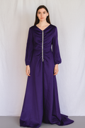 Royal Elegance Satin Maxi Dress – Deep Purple with Pearl Buttons