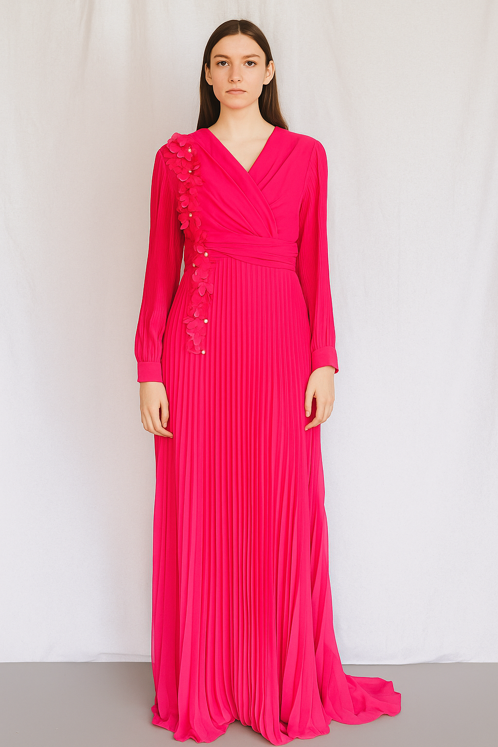 Blossom Grace Pleated Chiffon Maxi Dress – Hot Pink