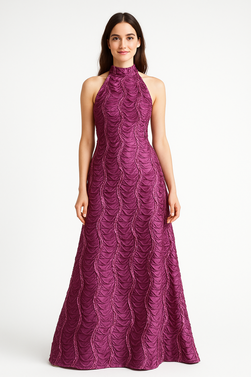 Elegant Magenta Sleeveless Halter Gown