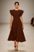 Elegant Structured Flutter-Sleeve Midi Dress – Chocolate Brown