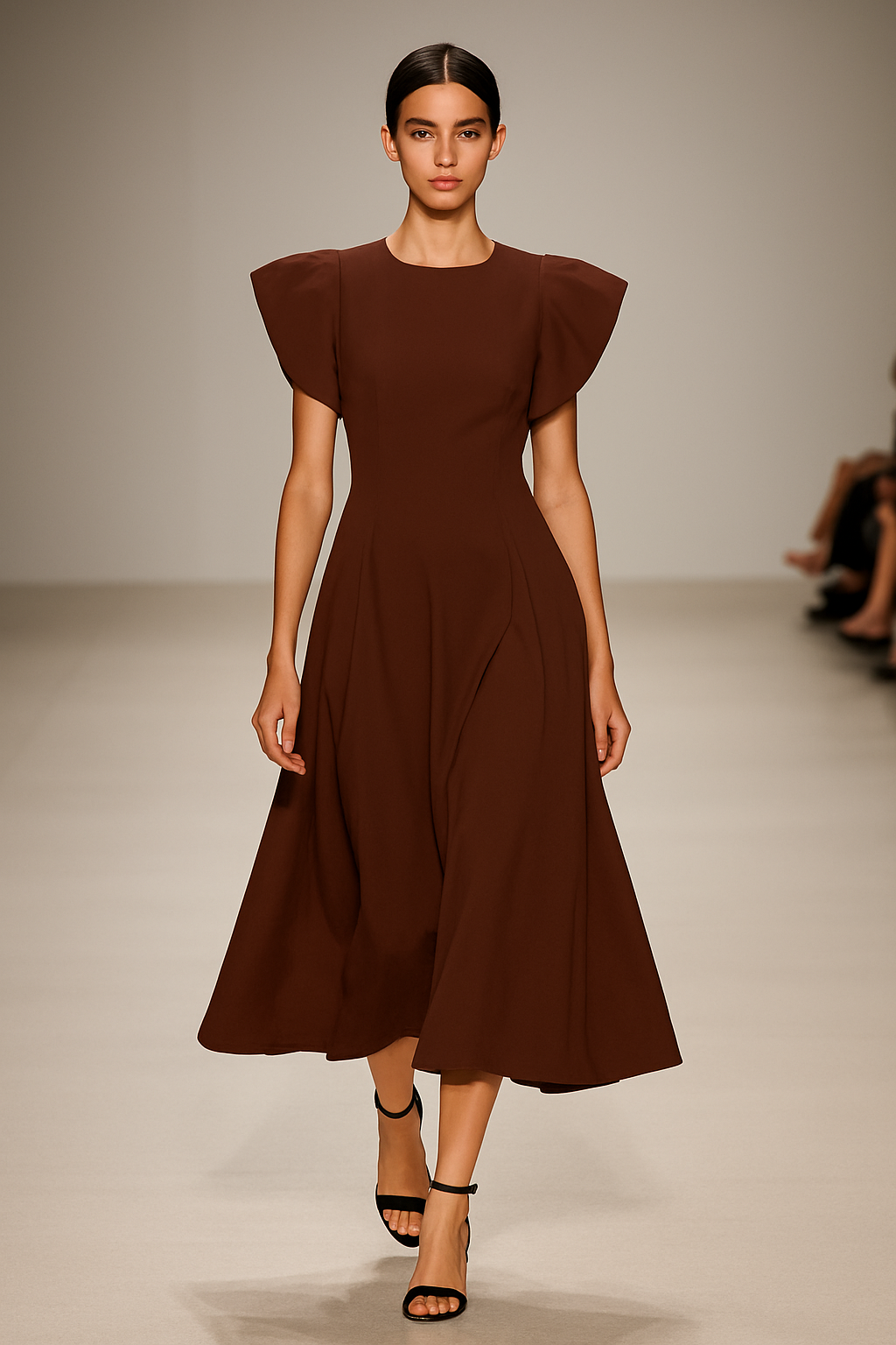 Elegant Structured Flutter-Sleeve Midi Dress – Chocolate Brown