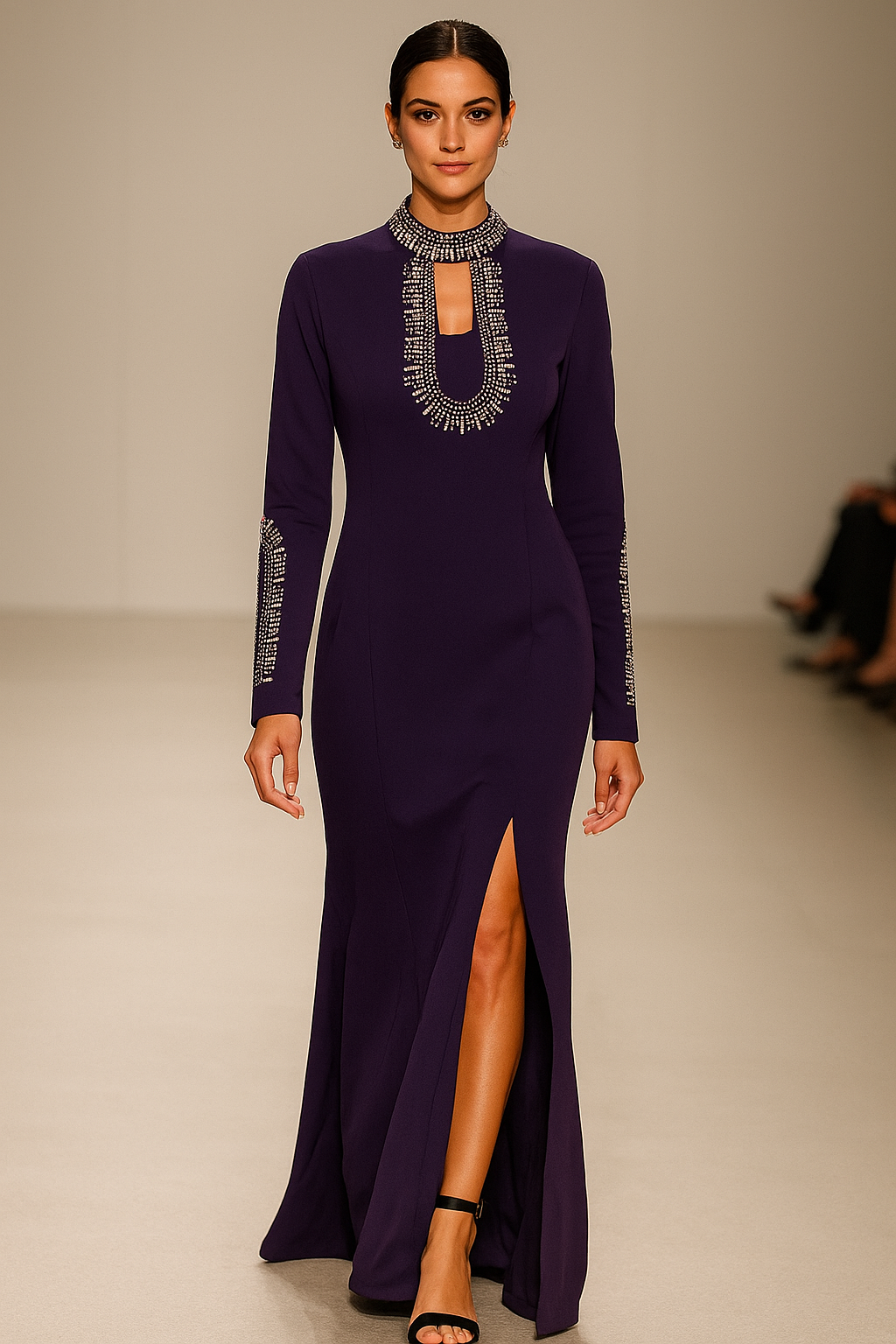 Elegant Purple Embellished Long Sleeve Evening Gown