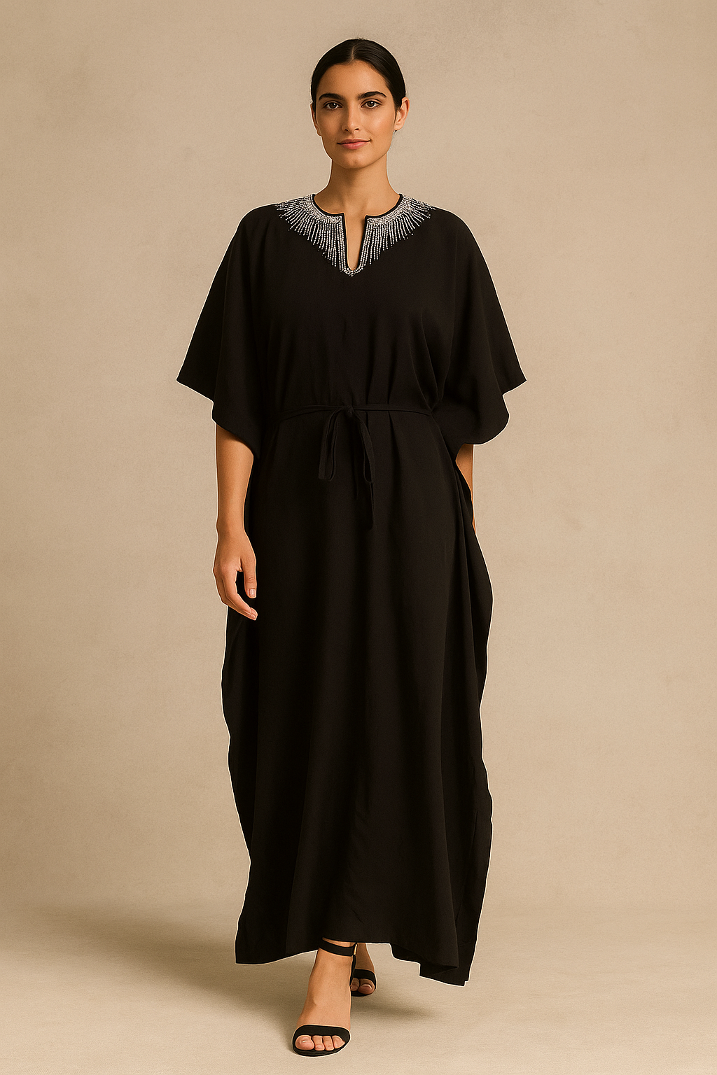 Elegant Black Kaftan Dress with Embellished Neckline