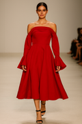 Red Off-Shoulder Midi Dress with Flared Sleeves