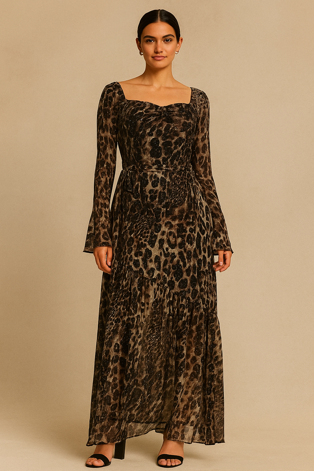 Wild Elegance Leopard Print Maxi Dress – Long Sleeve with Belt