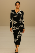 Black & White Botanical Print Ruched Midi Dress