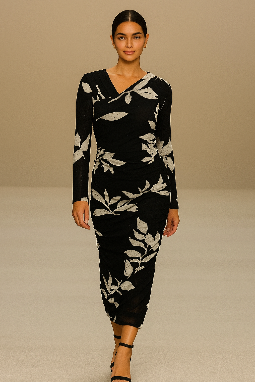 Black & White Botanical Print Ruched Midi Dress