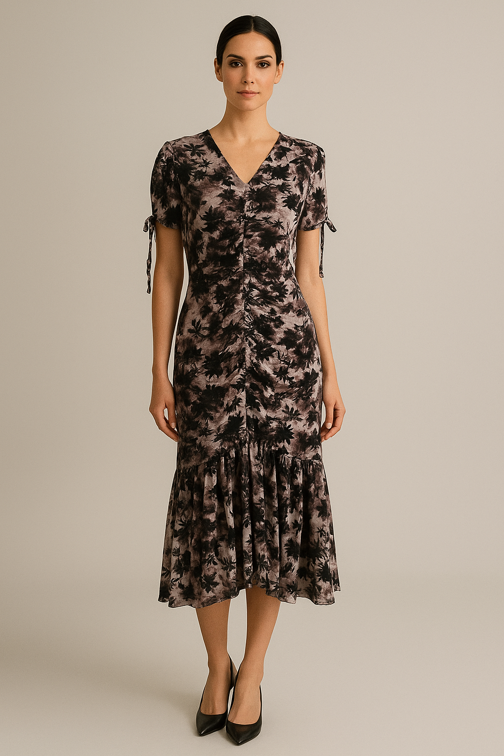 Floral Ruched Velvet Midi Dress – Vintage-Inspired Feminine Elegance
