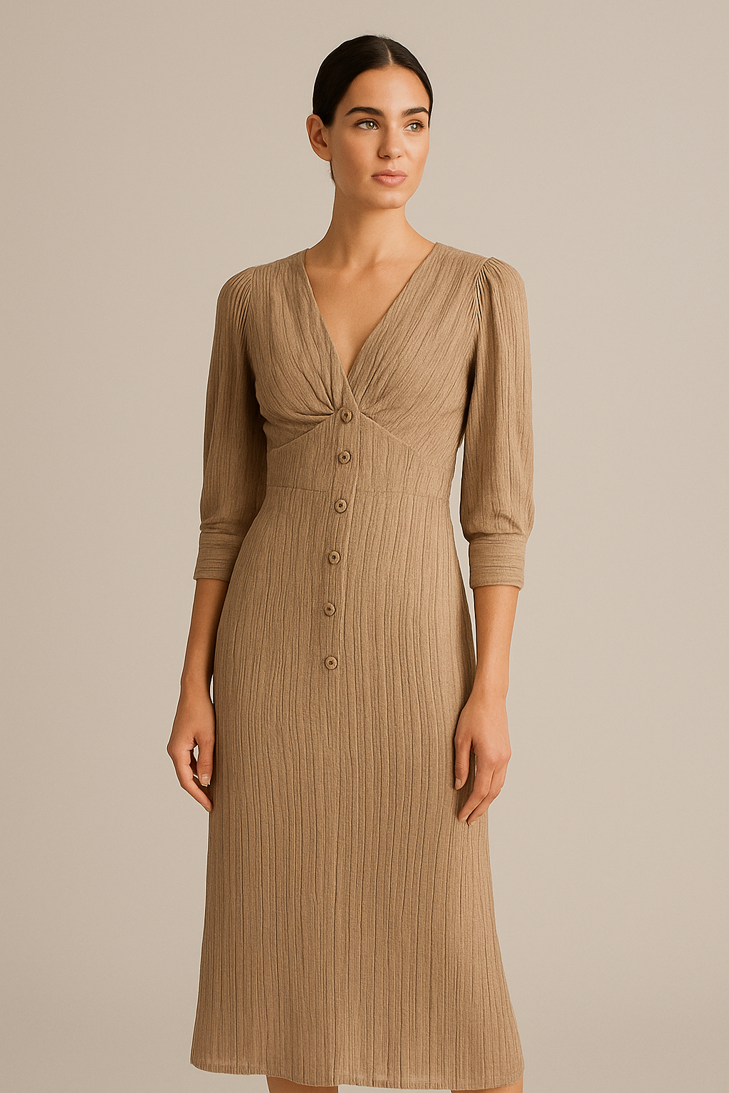 Beige Button-Front Midi Dress – Classic Feminine Elegance