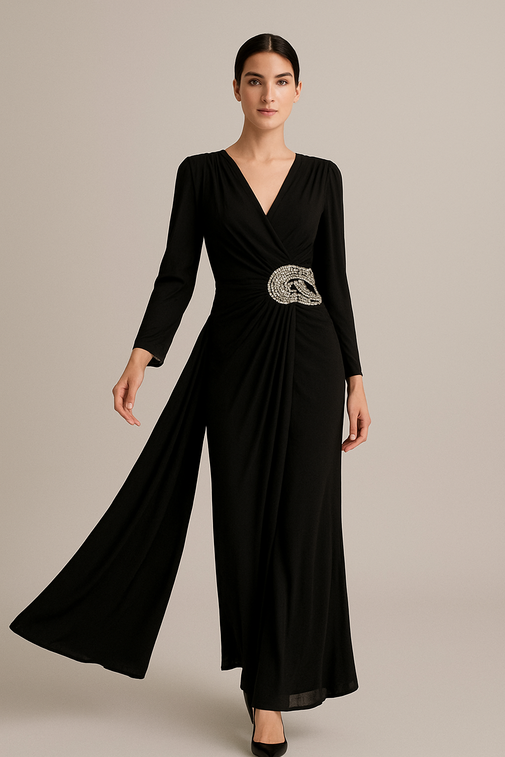 Elegant Black Evening Gown with Crystal Embellishment