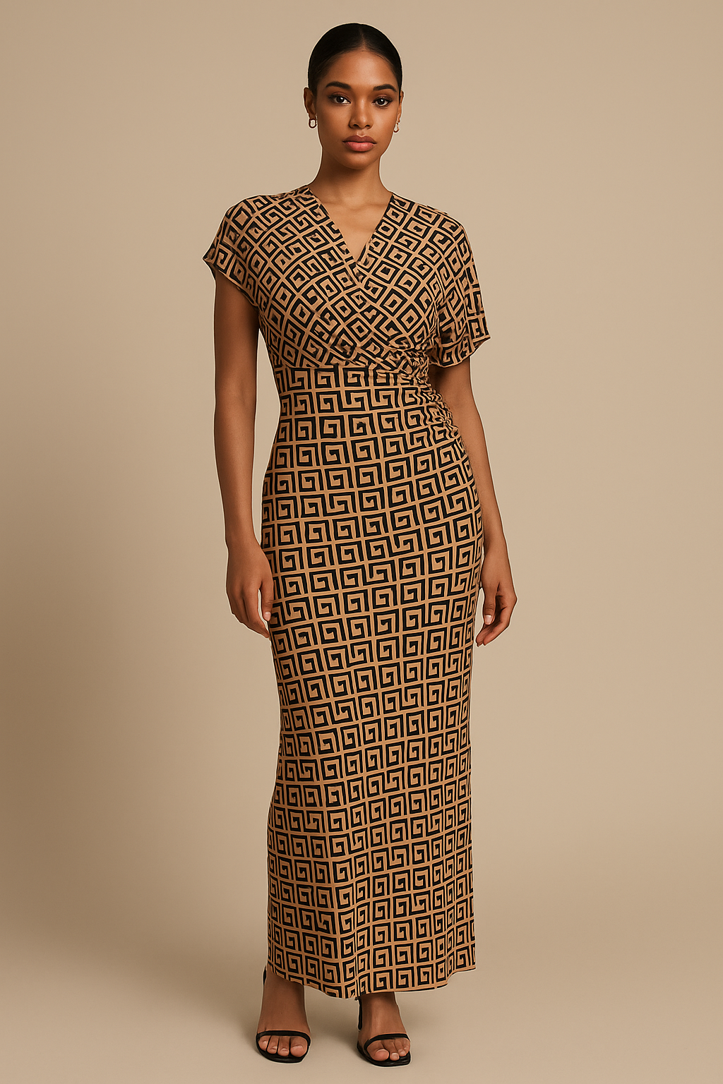Greek Key Print Maxi Dress – Camel & Black