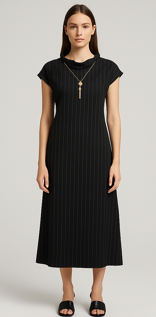 Black Pinstripe Midi Dress with Gold Pendant Necklace