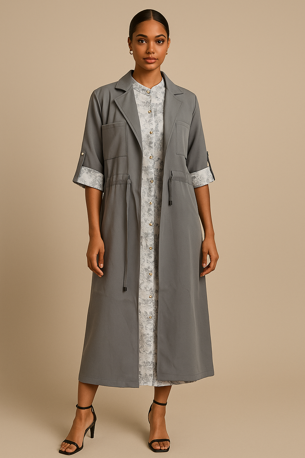 Light Gray Utility Trench Coat with Floral Inner Dress Set