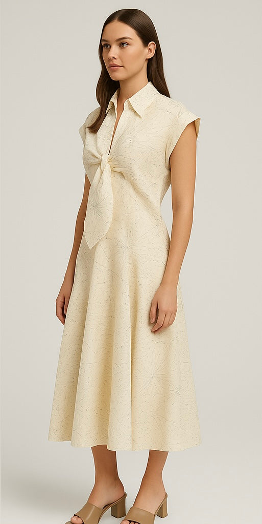 Ivory Patterned Shirt Dress with Front Tie Detail