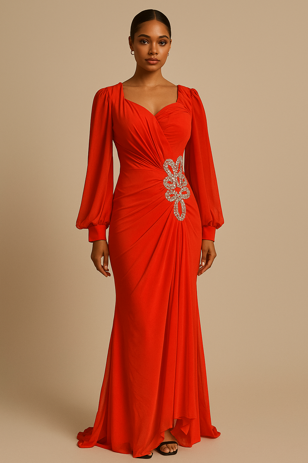 Red Ruched Evening Gown with Crystal Embellishment