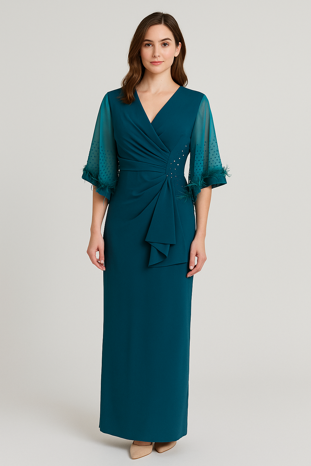 Teal Wrap Gown with Sheer Embellished Sleeves