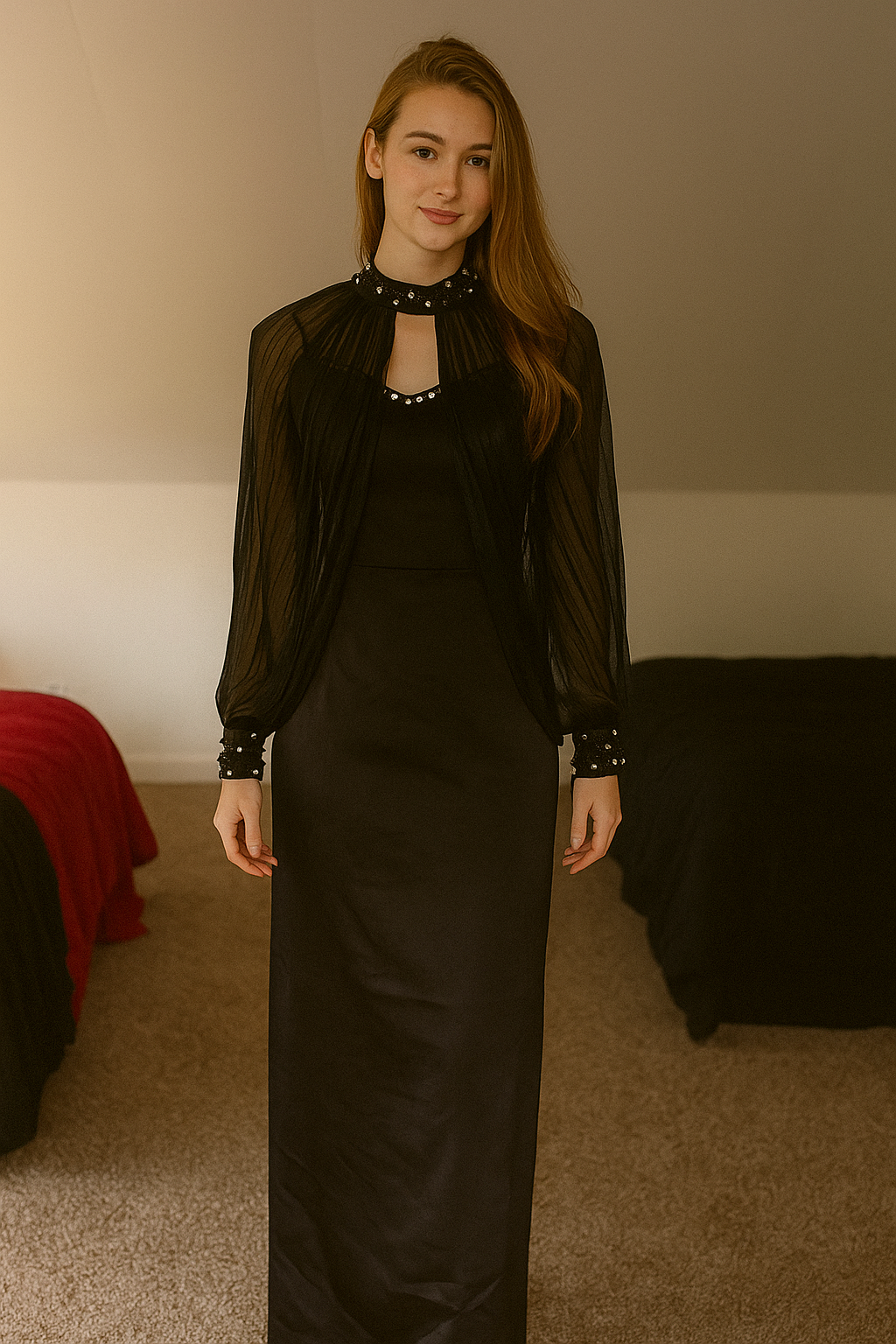 Black Satin Maxi Gown with Beaded Collar and Sheer Capelet