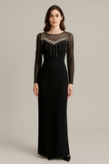 Black Embellished Long Sleeve Evening Gown