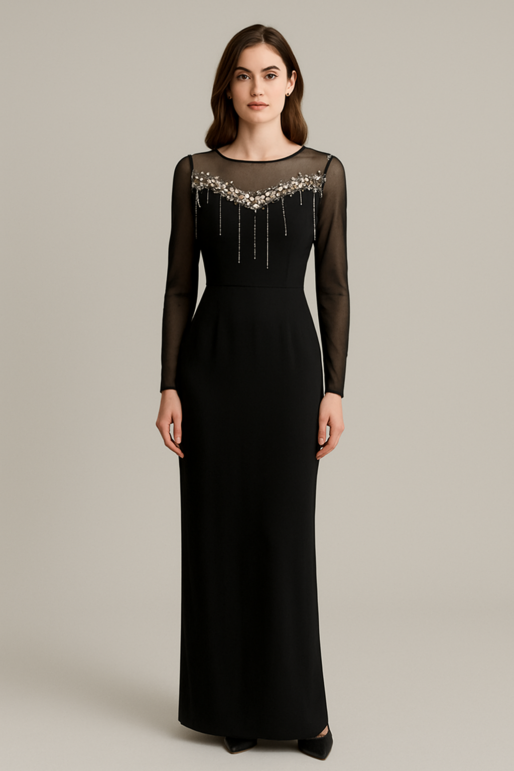 Black Embellished Long Sleeve Evening Gown