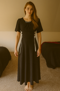 Black Lace-Up Side Midi Dress with Pearl Neckline Detail