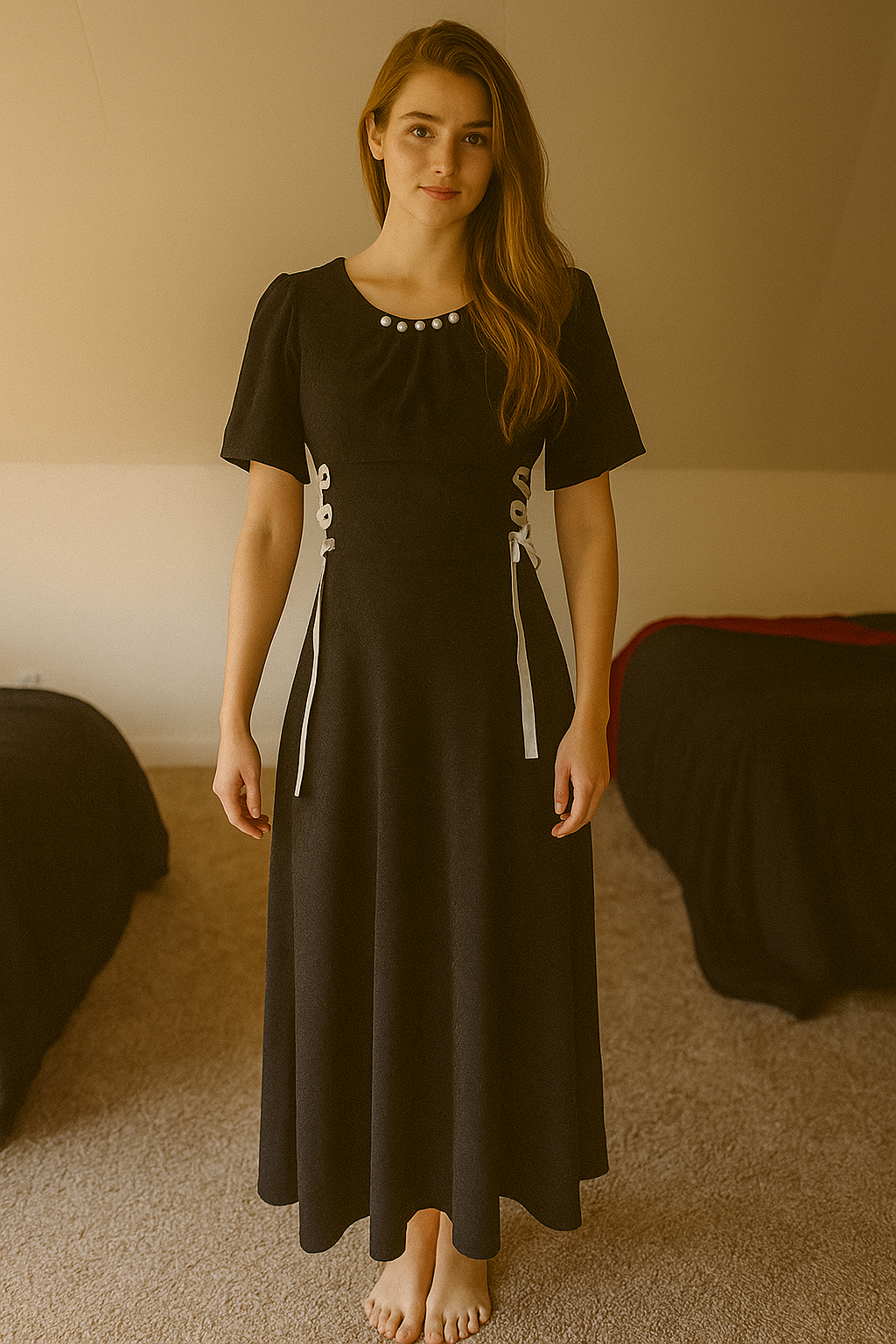 Black Lace-Up Side Midi Dress with Pearl Neckline Detail