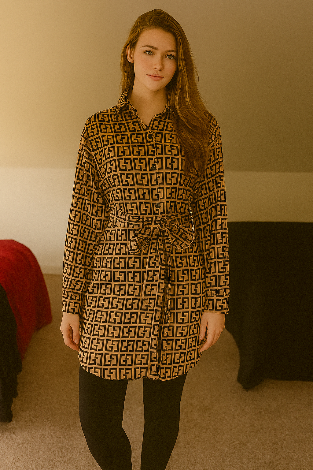 Geometric Print Button-Up Belted Tunic Blouse – Black & Beige