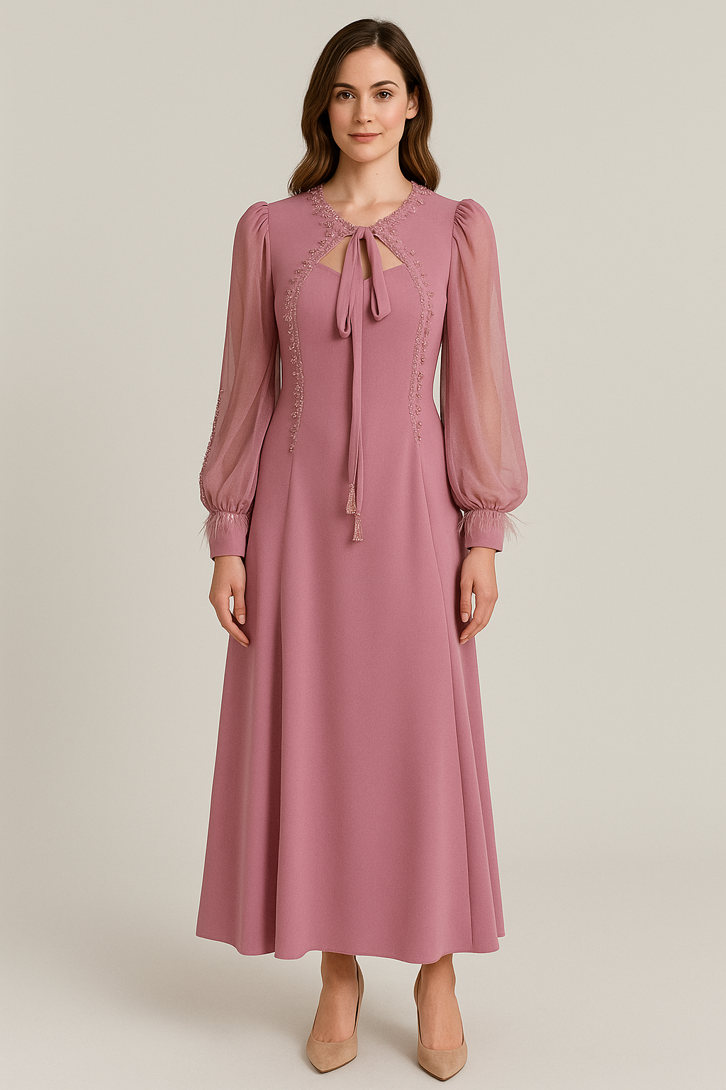 Burgundy Beaded Tie-Neck Chiffon Evening Gown