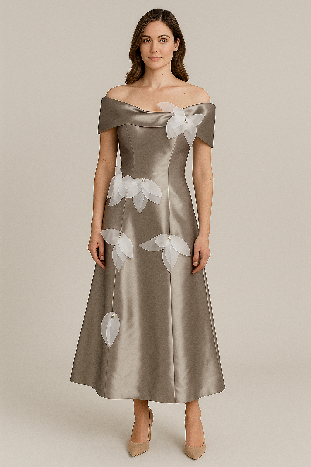 🌸 Satin Off-Shoulder Evening Gown